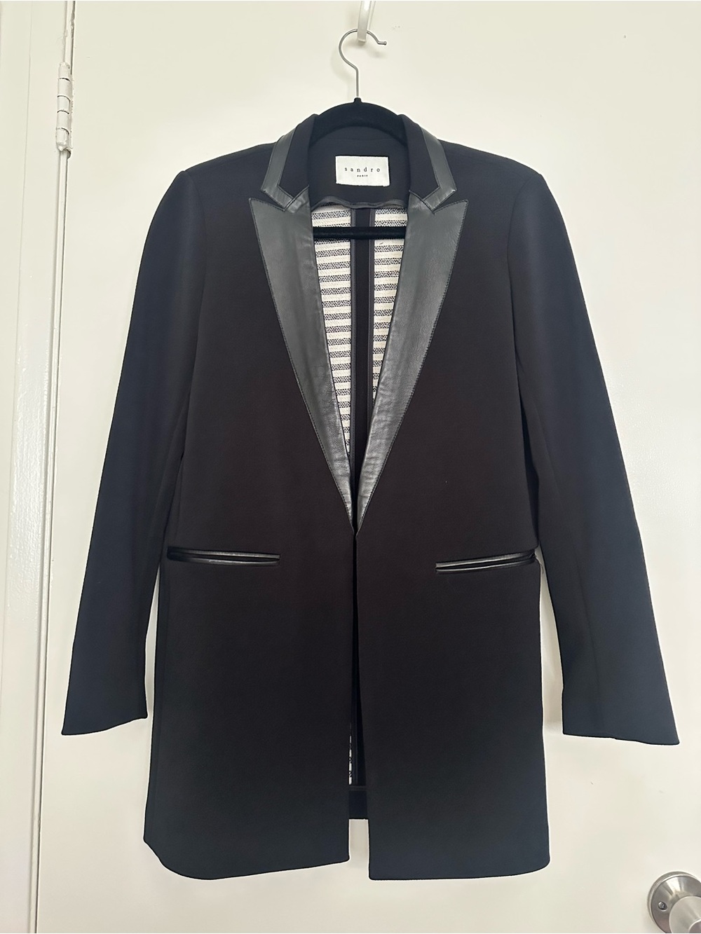 Sandro Black Leather-Trim Blazer Jacket
